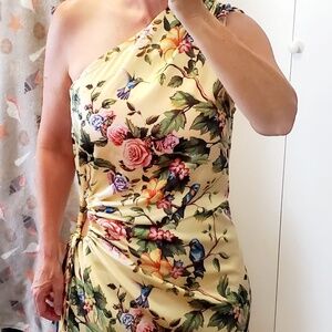 NWT PrettyGarden yellow floral hummingbird dress, side keyhole cinch, size L